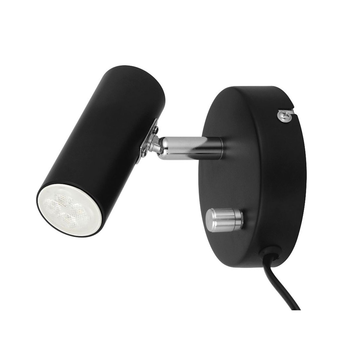 Mini Svart leselampe Fra Oriva - Den har en bevegelig spotlight og en str&oslash;mbryter med innebygd dimmer p&aring;; veggplaten, som gir deg mulighet til enkelt &aring; justere lyset for optimal belysning.