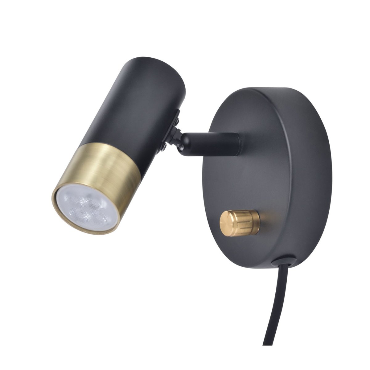 Zoom bilde av Mini Svart messing leselampe Fra Oriva - Den har en bevegelig spotlight og en str&oslash;mbryter med innebygd dimmer p&aring;; veggplaten, som gir deg mulighet til enkelt &aring; justere lyset for optimal belysning.