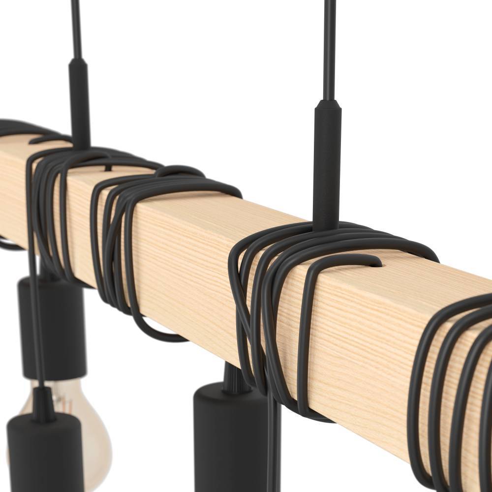 Townshend 150cm Tre Taklampe Fra Eglo - Med ni synlige lysp&aelig;rer hengende fra en trebjelke og svarte kabler gir lampen et unikt og stilig utseende.