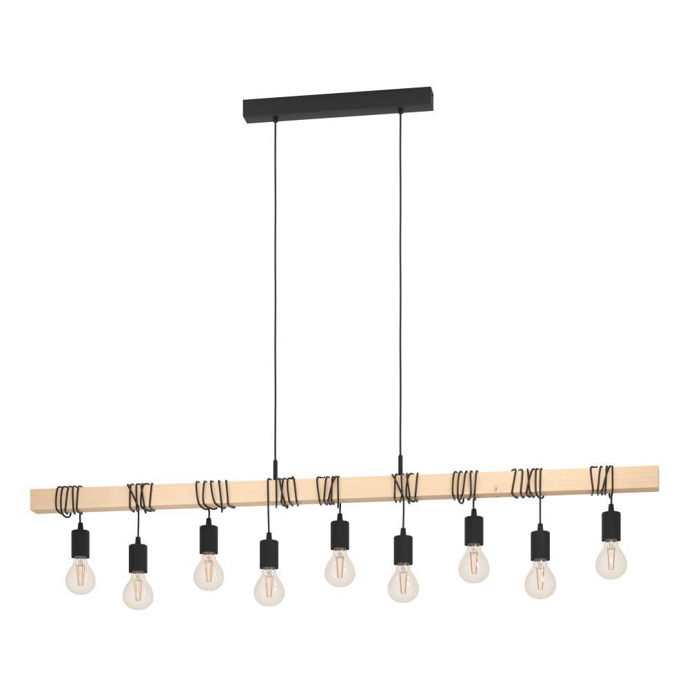 Townshend 150cm Tre Taklampe Fra Eglo - Med ni synlige lysp&aelig;rer hengende fra en trebjelke og svarte kabler gir lampen et unikt og stilig utseende.
