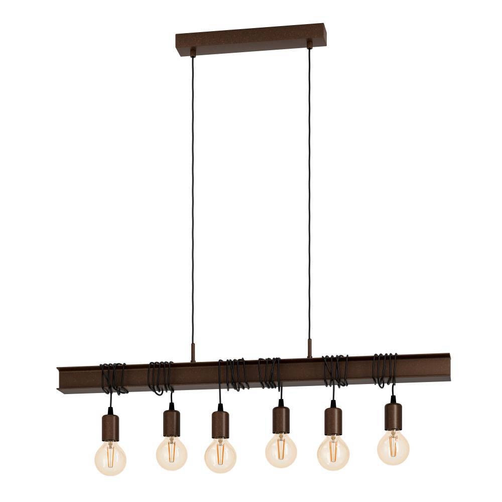 Townshend 100cm Brun Taklampe Fra Eglo - Med seks synlige lyspærer hengende fra en brun stålramme og svarte kabler gir lampen et unikt og stilig utseende.