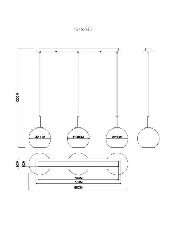Adara 140cm Gull Taklampe Fra Globo Lighting - De tre glasgloberna h&auml;nger i justerbara rep och kan anpassas i h&ouml;jd upp till 1,2 meter, vilket ger flexibilitet i belysningen.