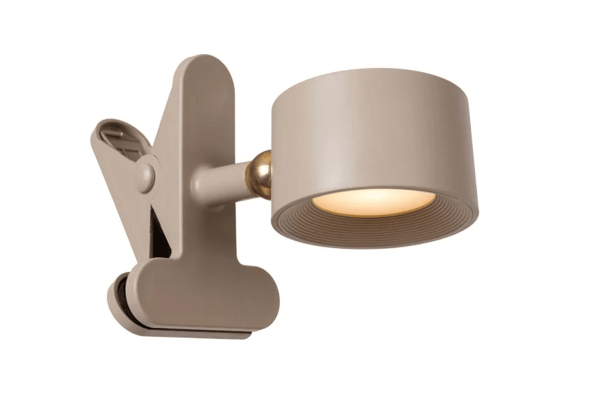 Jolan 36cm Taupe bærbar Fra Lucide - Lampehodet er avtagbart og kan derfor brukes p&aring;; lampefoten, veggplaten eller klemmen avhengig av hva du trenger av lys til gangen.