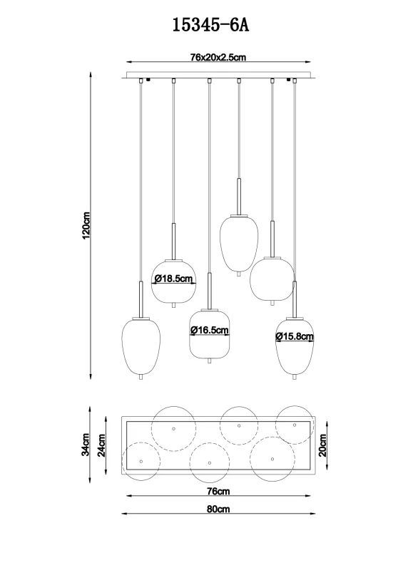 Blacky 80cm Rav Taklampe Fra Globo Lighting - De sex r&ouml;k- och amberf&auml;rgade glasgloberna i olika former h&auml;nger fr&aring;n en svart, rektangul&auml;r takplatta och kan justeras upp till 120 cm fr&aring;n taket.