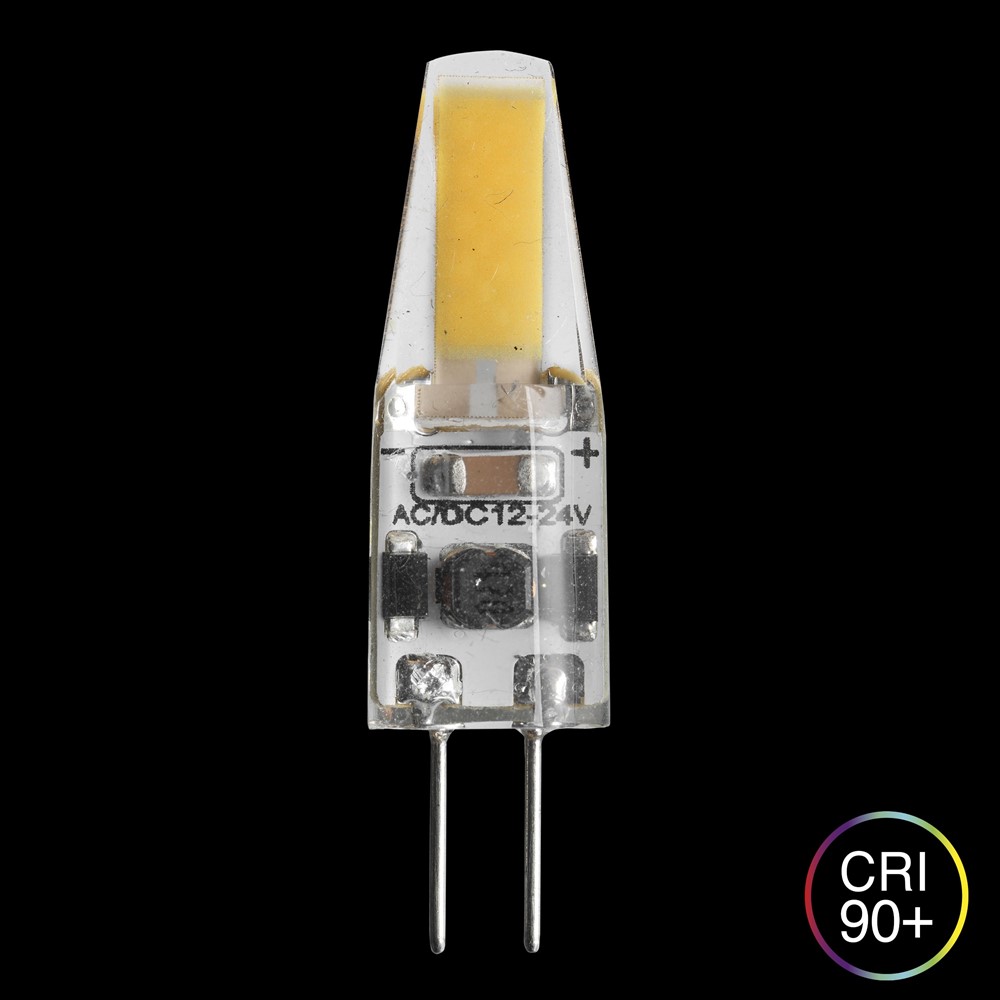 LED G4 1,5W 2500K dimbar Gjennomsiktig Fra Unison - Med en h&oslash;y CRI-verdi (90+), garanterer den utmerket fargegjengivelse, noe som gj&oslash;r den perfekt for milj&oslash;er hvor farge og lyskvalitet er avgj&oslash;rende.