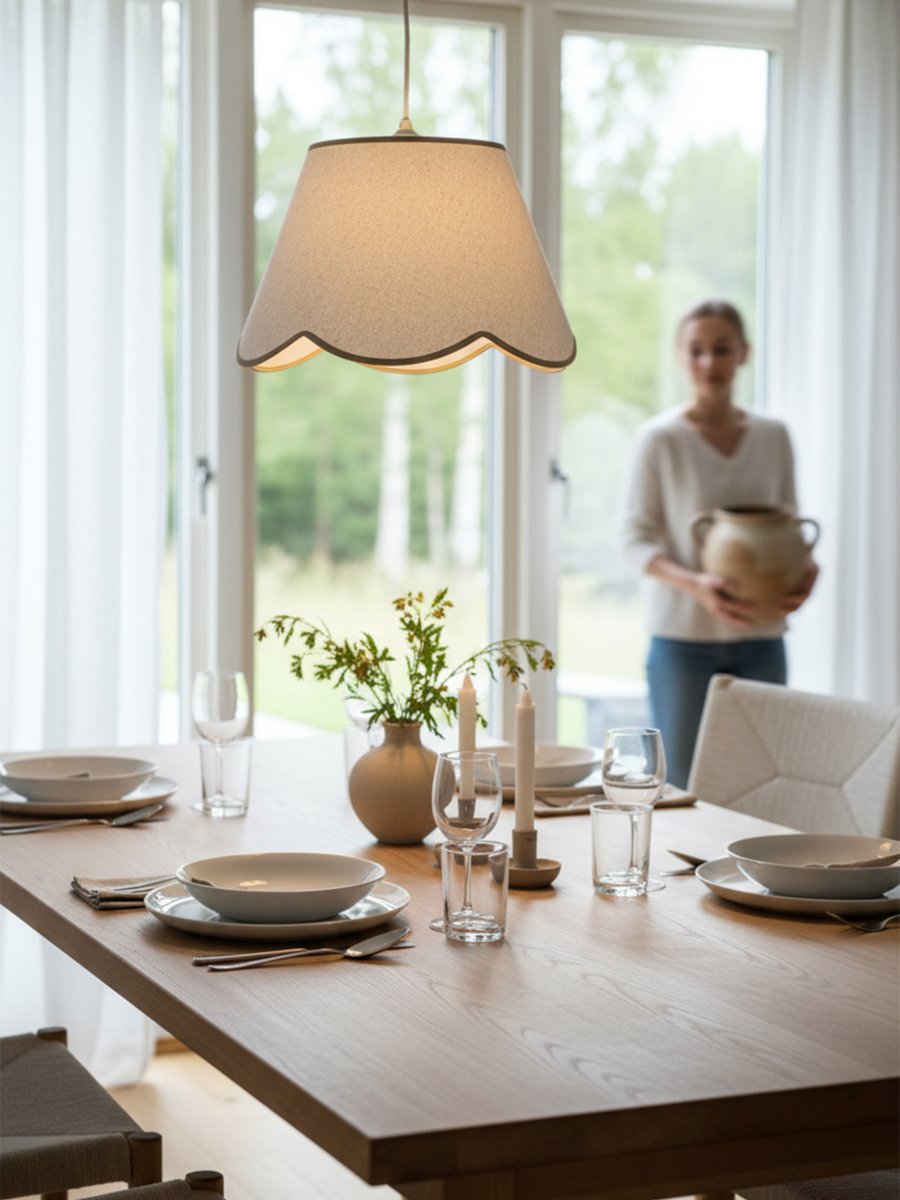Nell Ø35 Beige Taklampe Fra PR Home - Den myke strukturen og den dekorative, b&oslash;lgeformede nedre kanten skaper et elegant og harmonisk uttrykk som passer inn i b&aring;de moderne og mer tradisjonelle hjem.