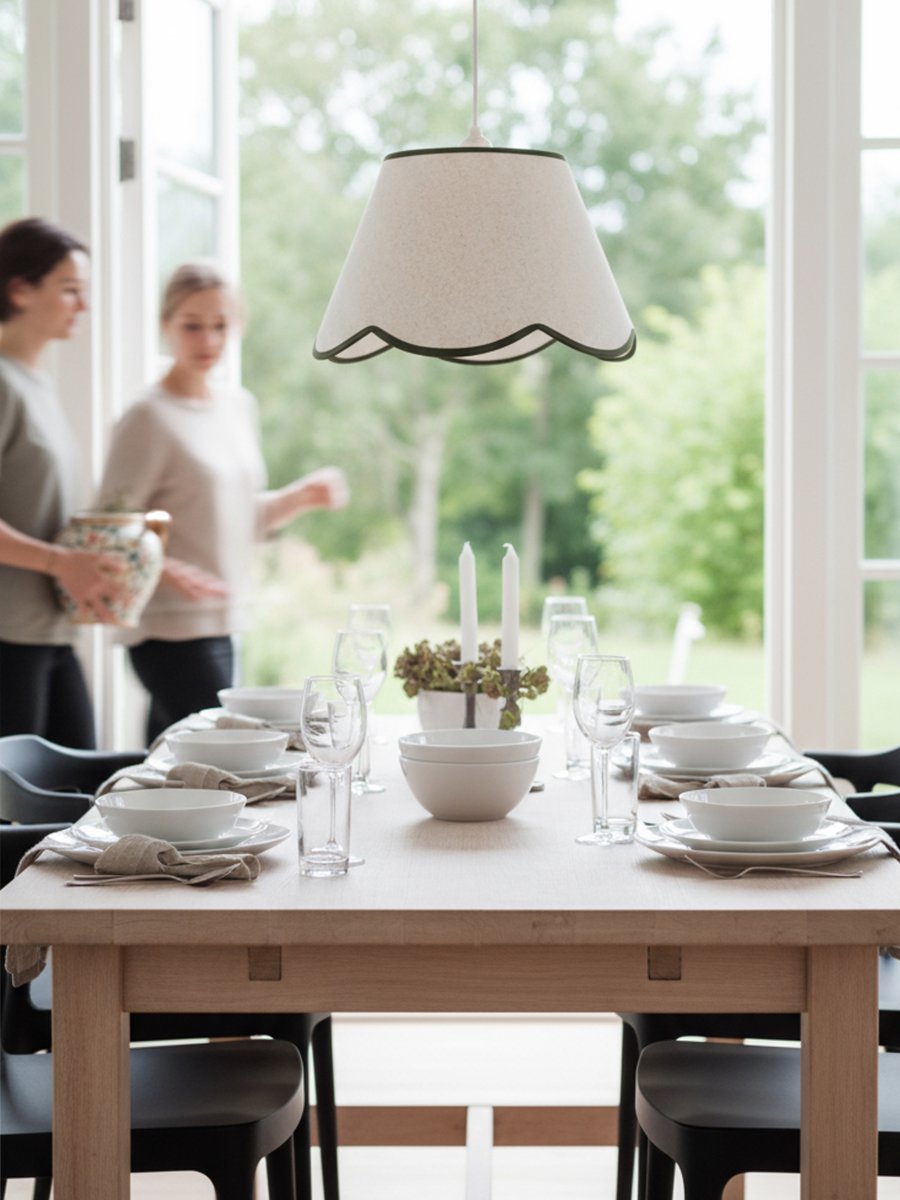 Nell Ø35 Beige/grønn Taklampe Fra PR Home - Den myke strukturen og den dekorative, b&oslash;lgeformede underkanten i m&oslash;rkegr&oslash;nn gir et elegant og harmonisk uttrykk som passer inn i b&aring;de moderne og mer tradisjonelle hjem.