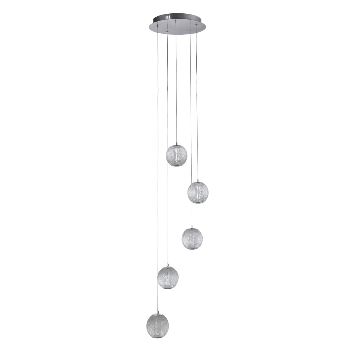 Allure Ø30 Krom Taklampe Fra Searchlight - Med fem glober i teksturert akryl og en kromfinish er den et skikkelig blikkfang – Selv når den er av.