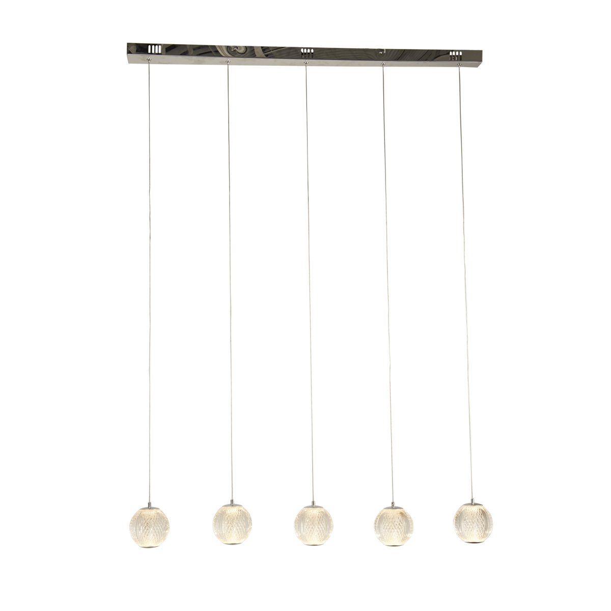Allure 100cm Krom Taklampe Fra Searchlight - Med fem glober i teksturert akryl og en kromfinish er den et skikkelig blikkfang – Selv når den er av.