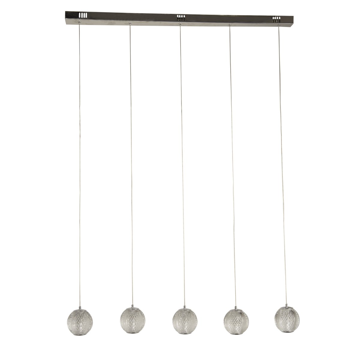 Allure 100cm Krom Taklampe Fra Searchlight - Med fem glober i teksturert akryl og en kromfinish er den et skikkelig blikkfang – Selv når den er av.