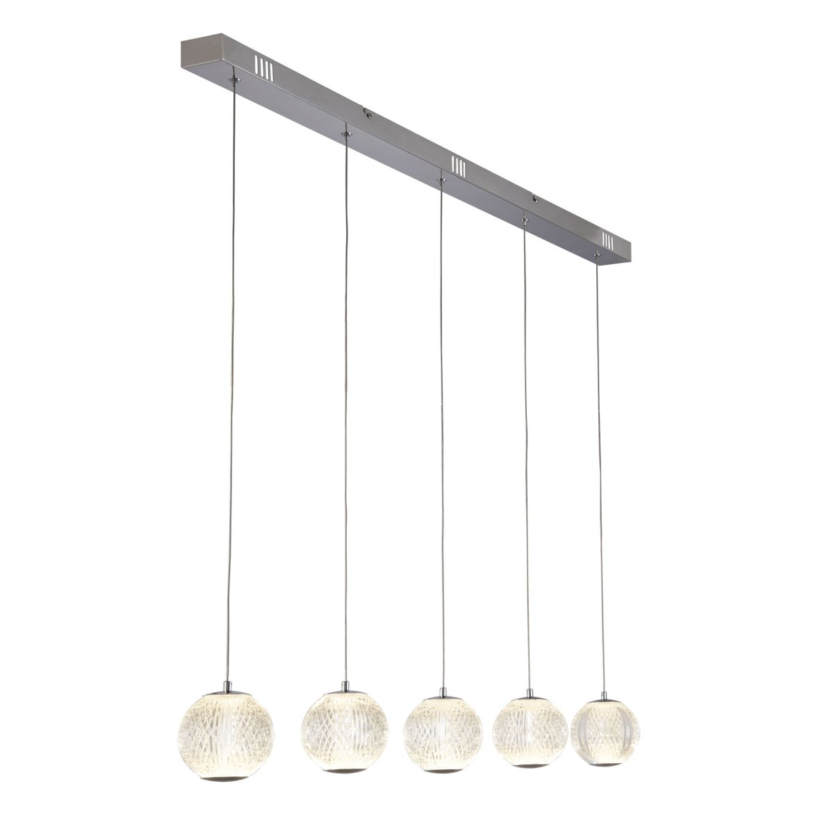 Allure 100cm Krom Taklampe Fra Searchlight - Med fem glober i teksturert akryl og en kromfinish er den et skikkelig blikkfang – Selv når den er av.