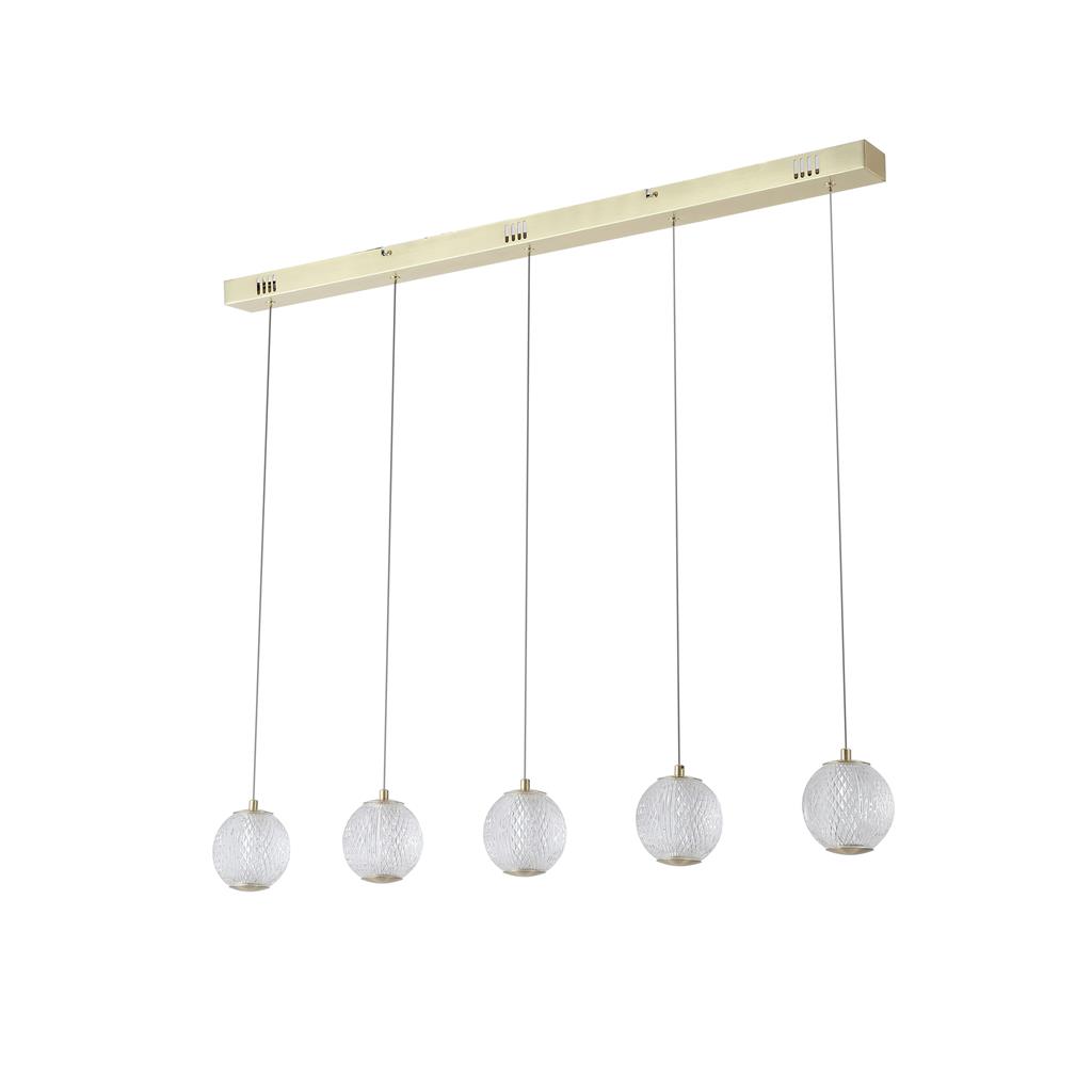 Allure 100cm Messing Taklampe Fra Searchlight - Med fem glober i teksturert akryl og sateng messingfinish er den et skikkelig blikkfang – Selv når den er av.