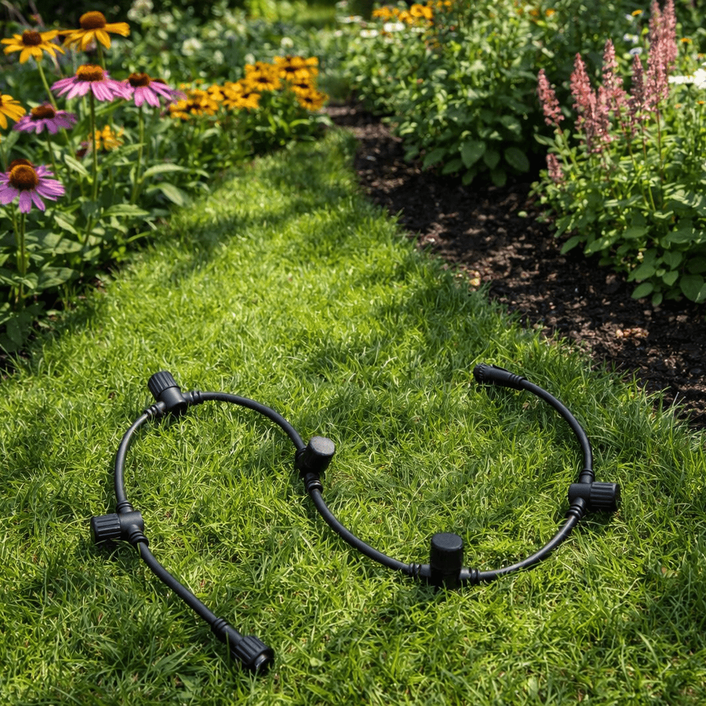 Grenkabel 1m Svart Fra Lightson - &Eacute;n meter lang gummiskj&oslash;teledning med fem kontakter langs kabelen og &eacute;n i enden av kabelen.