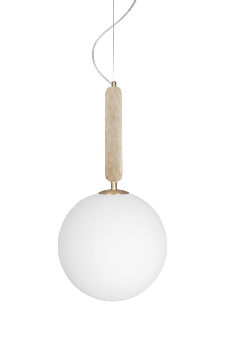 Torrano Ø30 Beige travertin Taklampe Fra Globen Lighting - Stein er et naturlig materiale, fargen og nyansene i marmorering varierer og skaper et unikt m&oslash;nster for hvert m&oslash;bel.