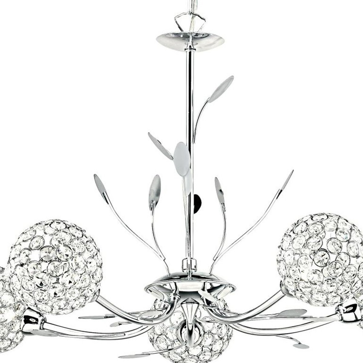 Bellis Ø58 Krom Taklampe Fra Searchlight - Den elegante lampen er vakkert designet med bladdekorasjoner og fem blomsterformede kuler i klart glass og krom, som sprer lyset videre; en skinnende måte.