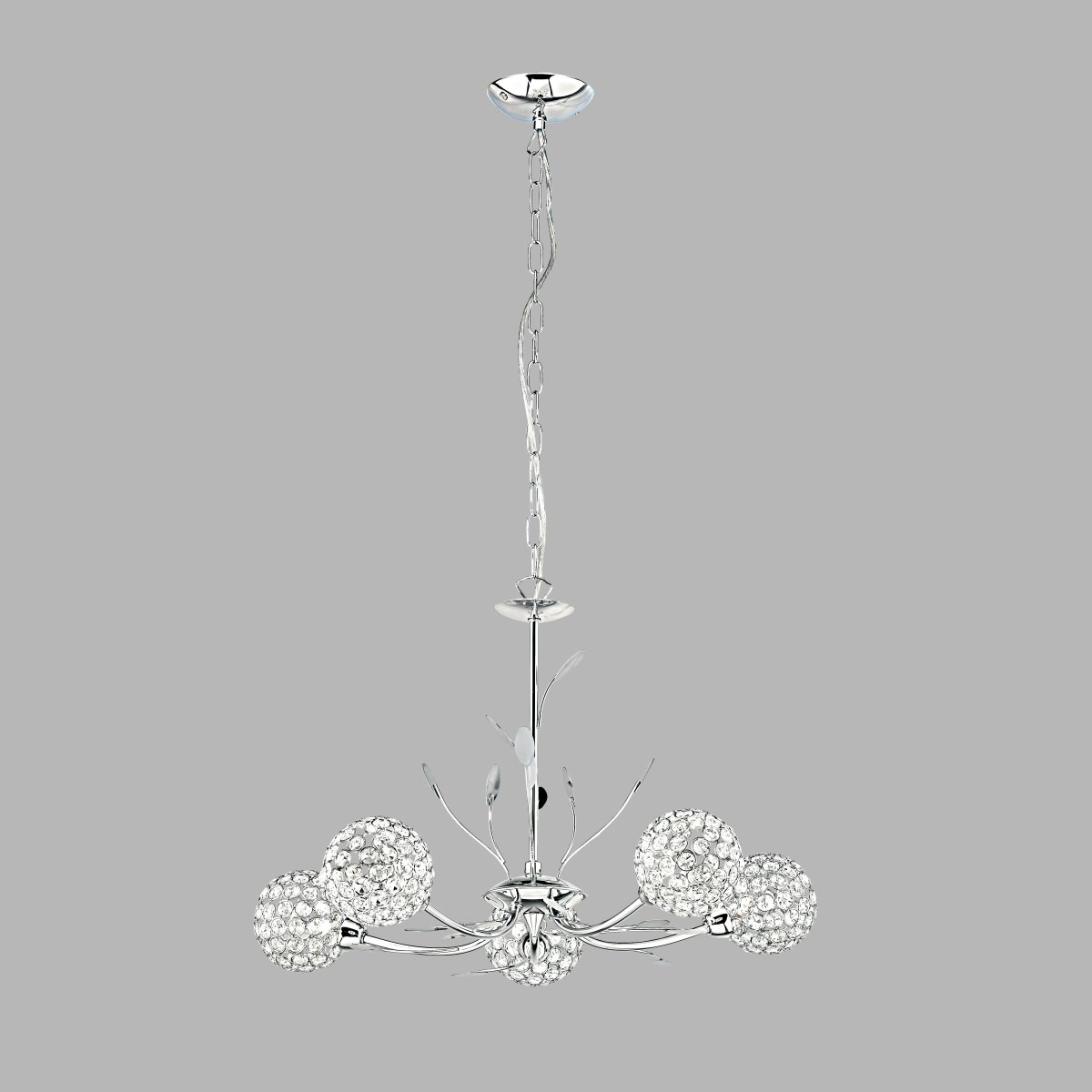 Bellis Ø58 Krom Taklampe Fra Searchlight - Den elegante lampen er vakkert designet med bladdekorasjoner og fem blomsterformede kuler i klart glass og krom, som sprer lyset videre; en skinnende måte.