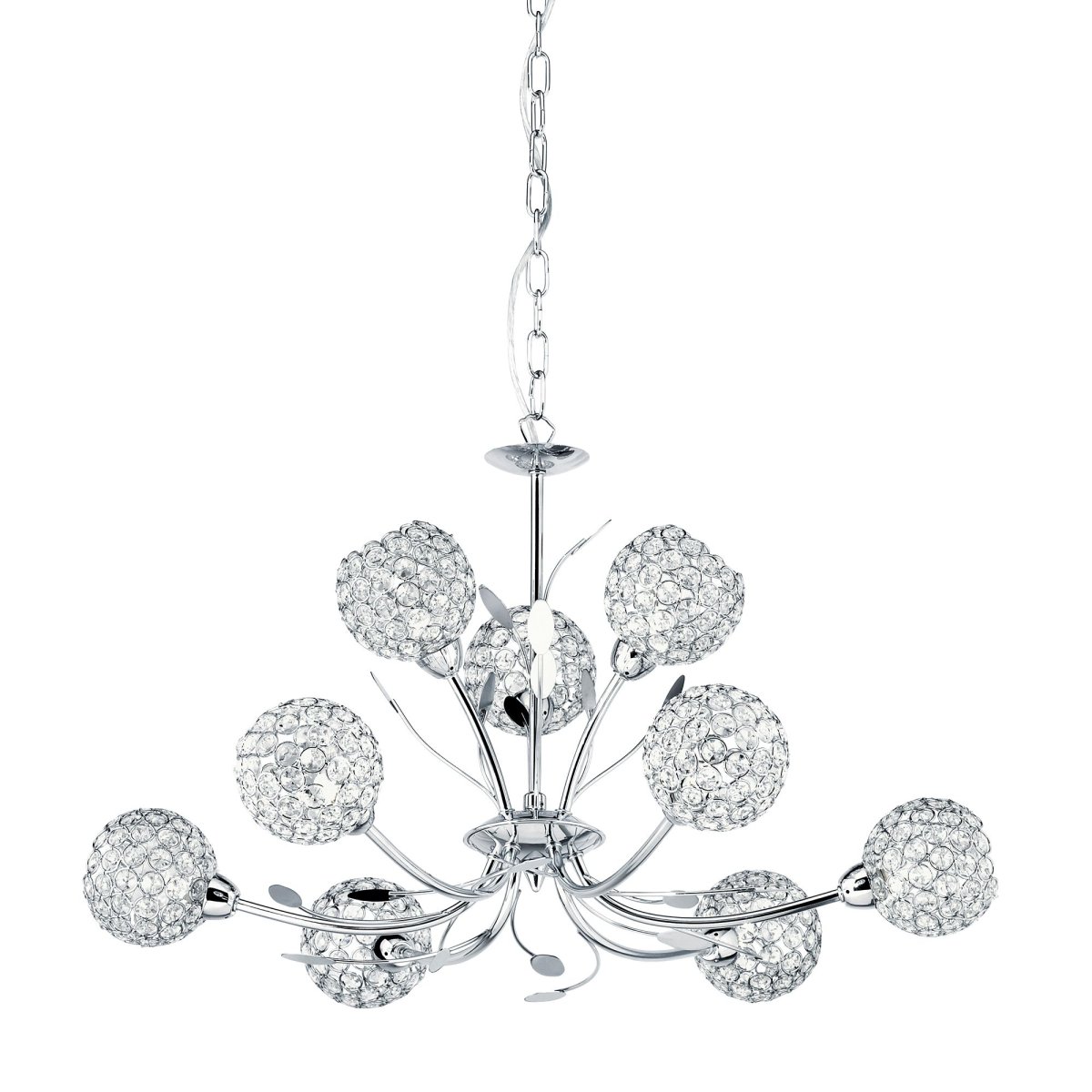 Bellis Ø68 Krom Taklampe Fra Searchlight - Den vakkert designede lampen har bladdekorasjoner og ni blomsterformede kuler i krom og klart glass, som sprer lyset videre; en elegant m&aring;te.