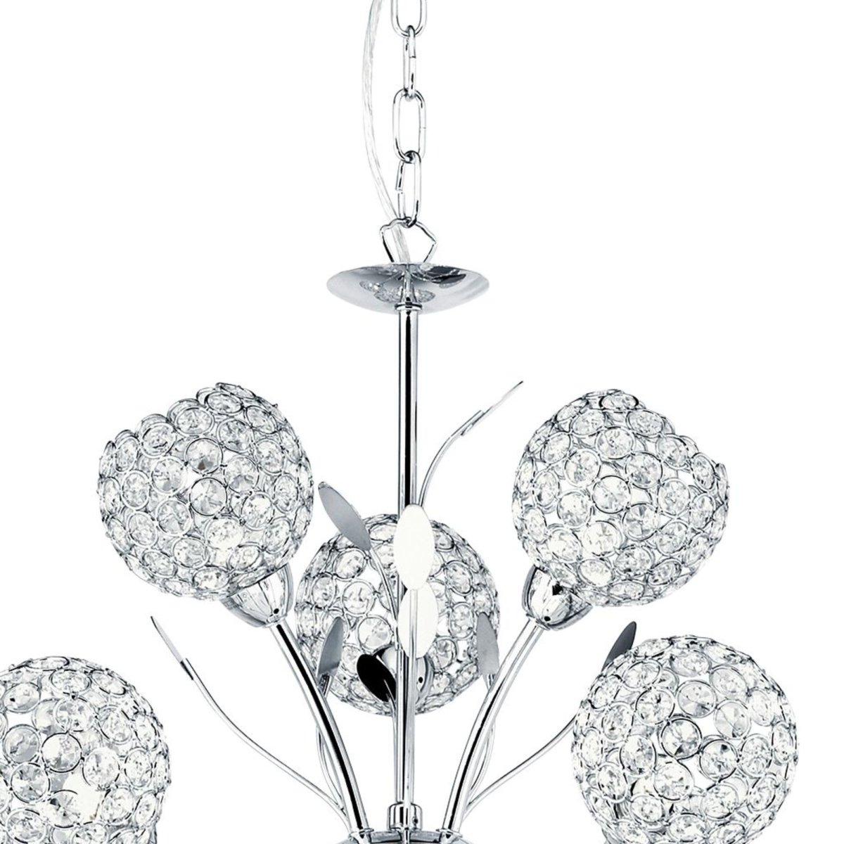 Bellis Ø68 Krom Taklampe Fra Searchlight - Den vakkert designede lampen har bladdekorasjoner og ni blomsterformede kuler i krom og klart glass, som sprer lyset videre; en elegant m&aring;te.