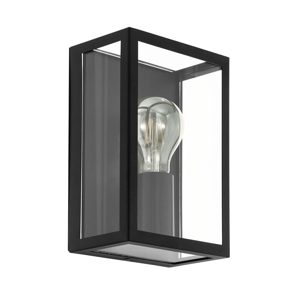 Alamonte Svart utendørslampe Fra Eglo - Den er laget av svart metall og har klare glasspartier som fremhever lyskilden og gir et vakkert lysspill.