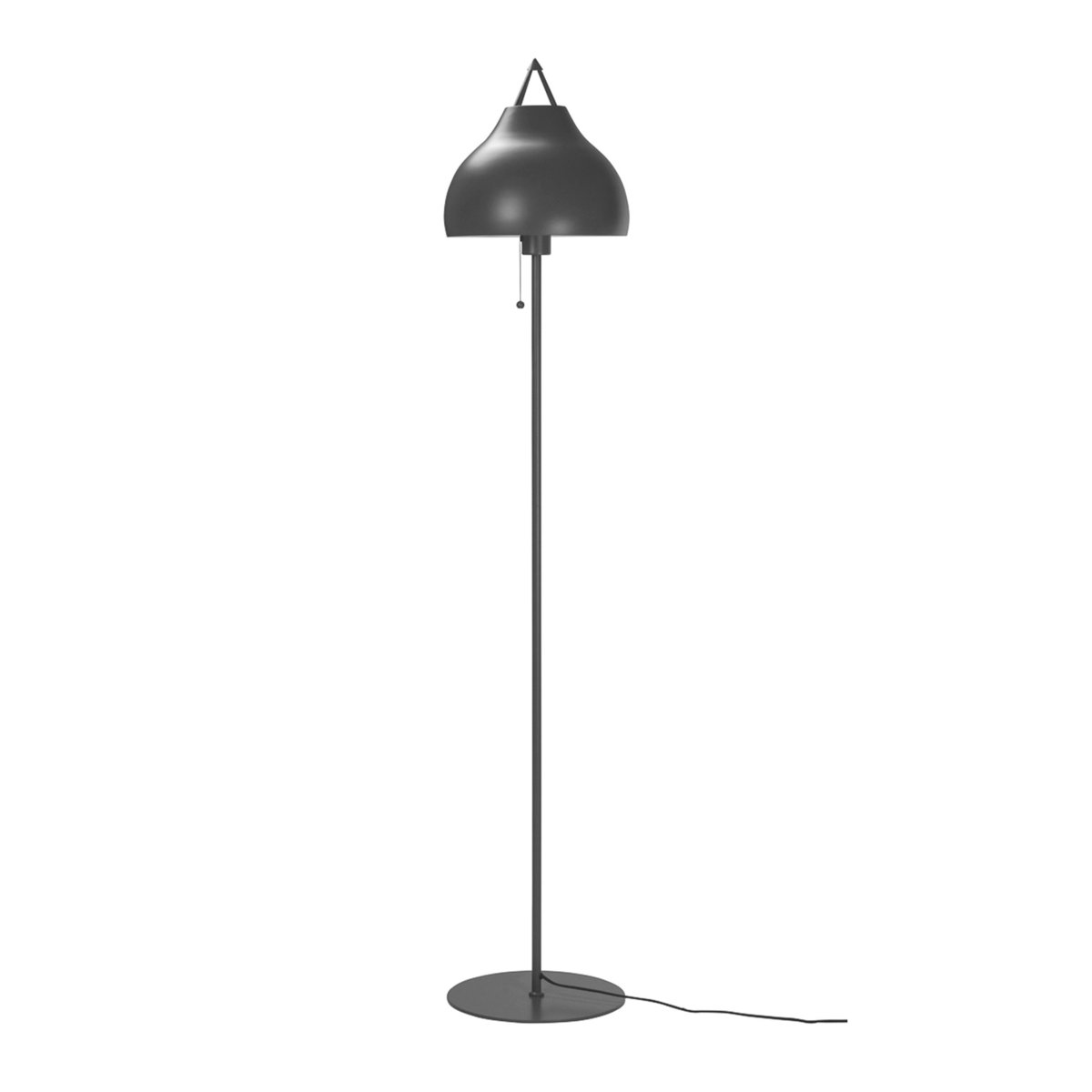 Pyra Grå gulvlampe Fra Dyberg Larsen - Lampen er 150 cm høy med en skjerm på 29 cm i diameter og kommer med en hvit tekstilkabel.