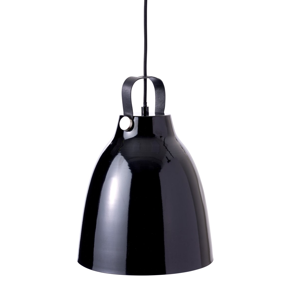 Copenhagen Ø26 Høyglans sort Taklampe Fra Dyberg Larsen - Copenhagen lampen er tilgjengelig i tv&aring; modeller: sort med svart lærreim og hvit med brun lærreim, samt i to forskjellige størrelser.