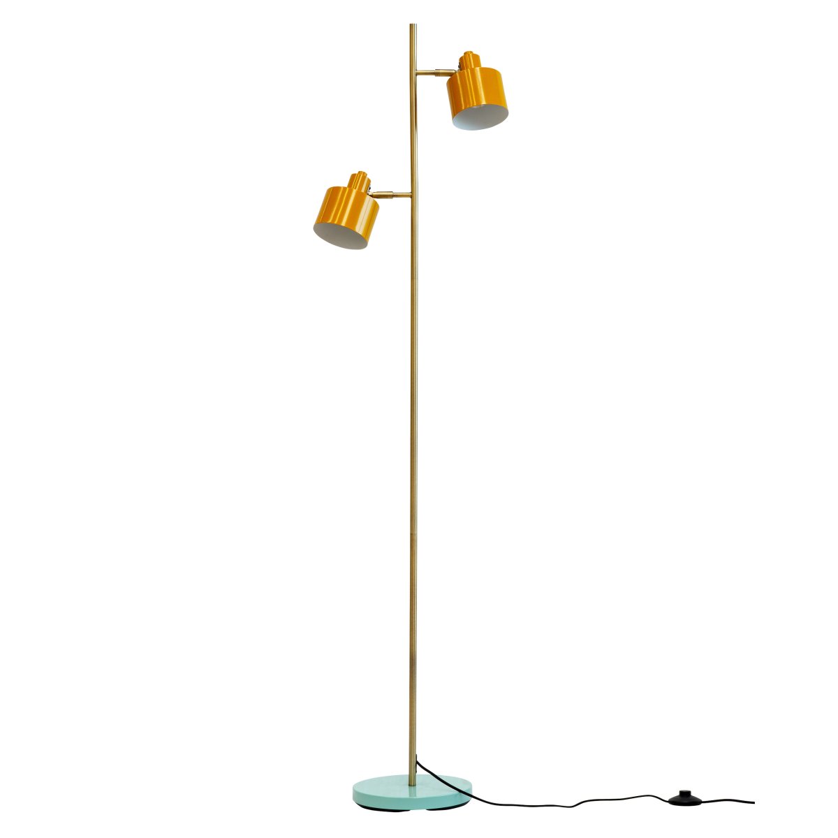 Ocean Flerfarget gulvlampe Fra Dyberg Larsen - Havgulvlampe i fargene Curry/Brass/Turquoise har en metallkonstruksjon, kan vinkles opp og ned, og leveres med fotbryter på sokkelen.