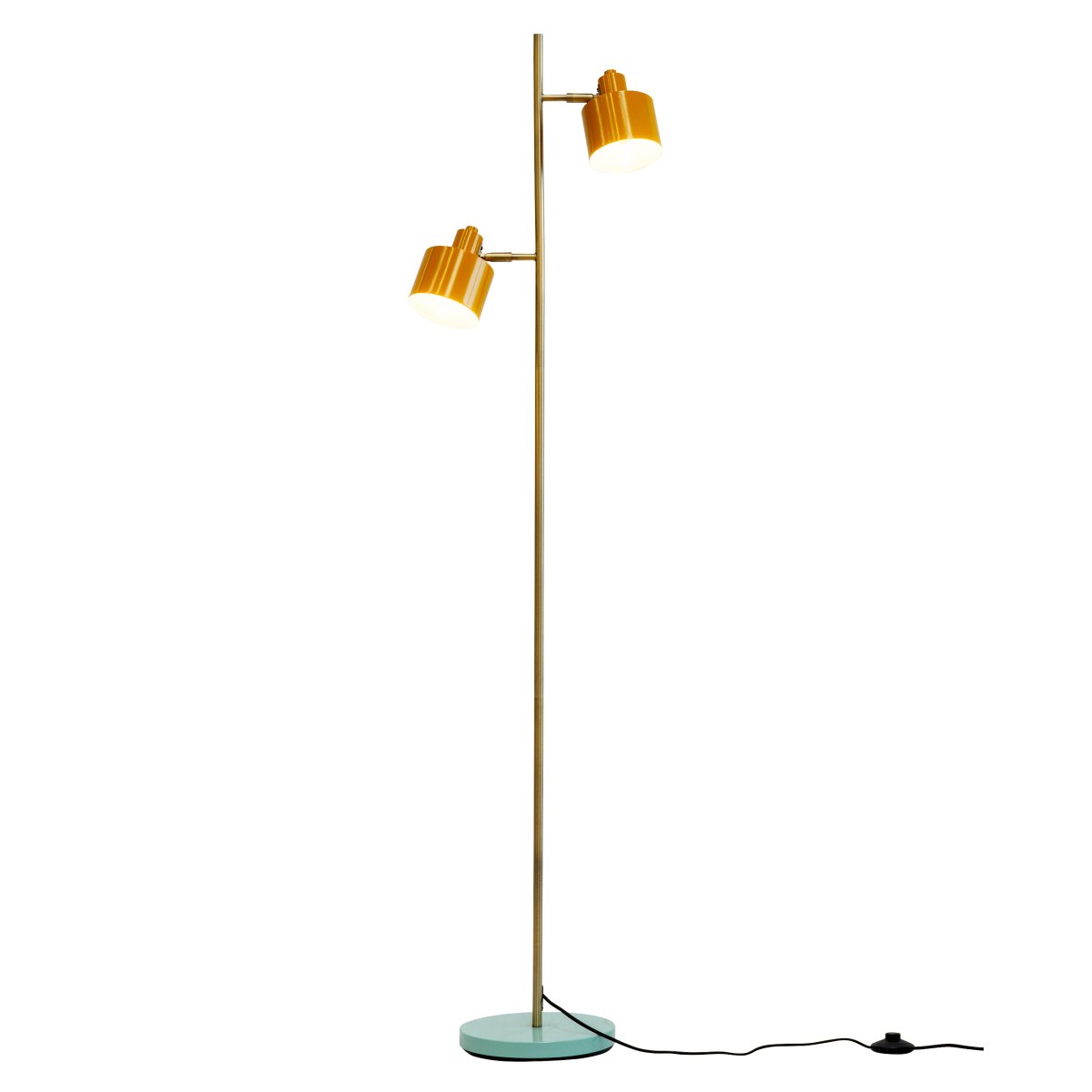 Ocean Flerfarget gulvlampe Fra Dyberg Larsen - Havgulvlampe i fargene Curry/Brass/Turquoise har en metallkonstruksjon, kan vinkles opp og ned, og leveres med fotbryter på sokkelen.