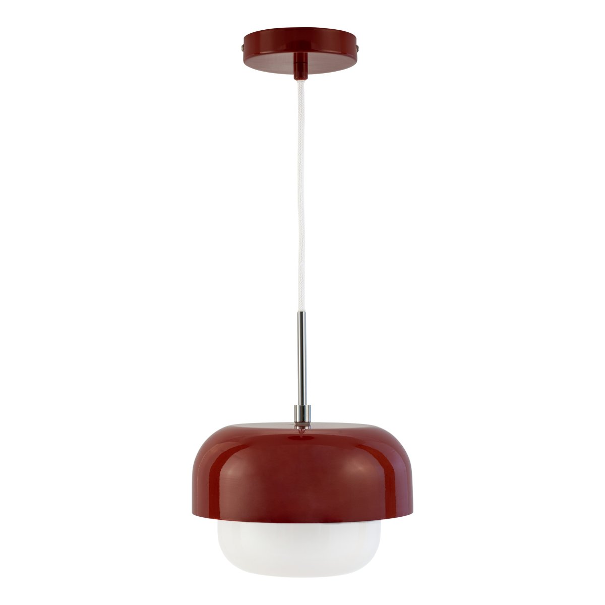 Haipot Ø23 Mørk rød Taklampe Fra Dyberg Larsen - Haipot-lampen har en elegant lampeskjerm i opalt glass og en dempet rød metallskjerm.