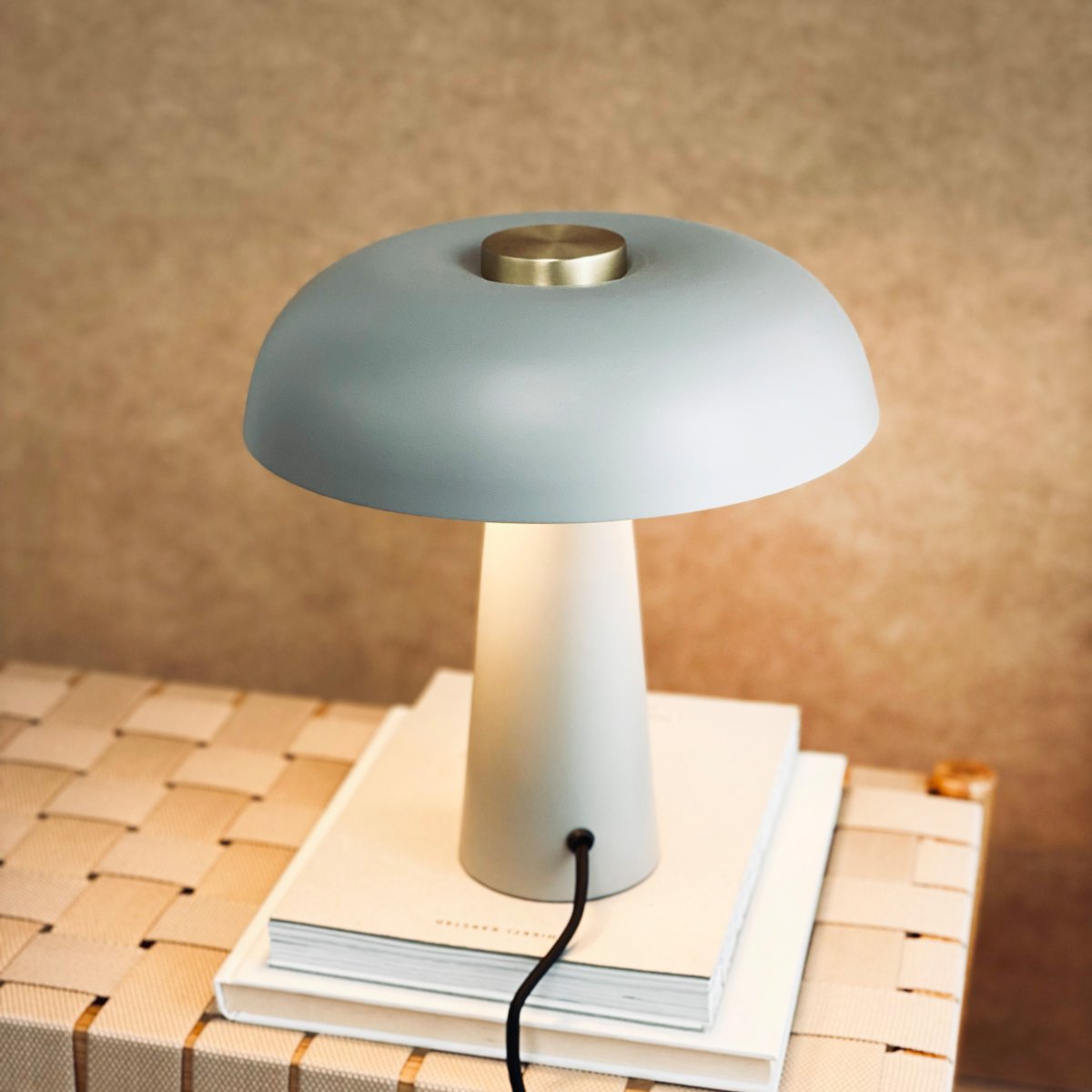 Iris 28cm Grå bordlampe Fra Dyberg Larsen - Den soppformede lampeskjermen i myk gr&aring;; tone har en subtil messingdetalj p&aring; toppen som gir et luksuri&oslash;st preg.