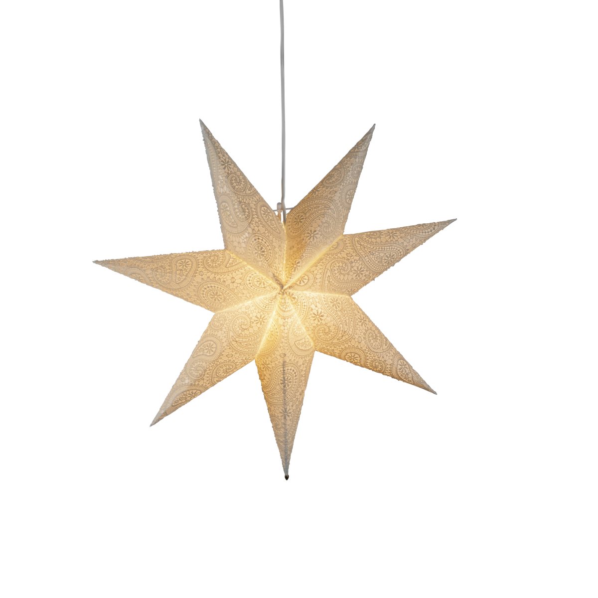 Papirstjerne m. broderi Ø60 Hvit Fra Konstsmide - Med sin diameter p&aring; 60 cm er den perfekt for &aring; henge i et vindu, hvor den vil v&aelig;re et vakkert blikkfang i advent og jul.