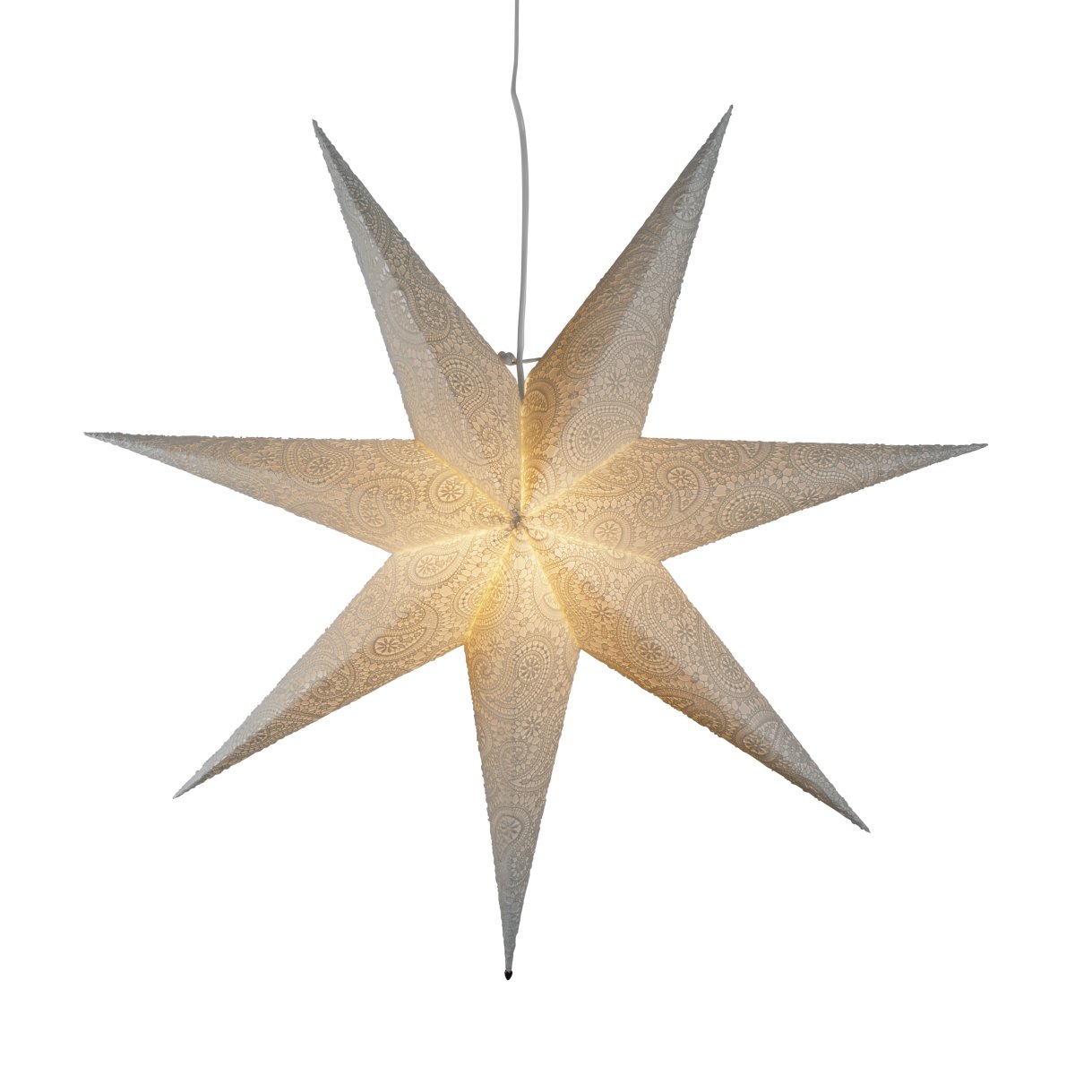 Papirstjerne m. broderi Ø80 Hvit Fra Konstsmide - Med sin diameter p&aring; 80 cm er den perfekt for &aring; henge i et vindu, hvor den vil v&aelig;re et vakkert blikkfang i advent og jul.