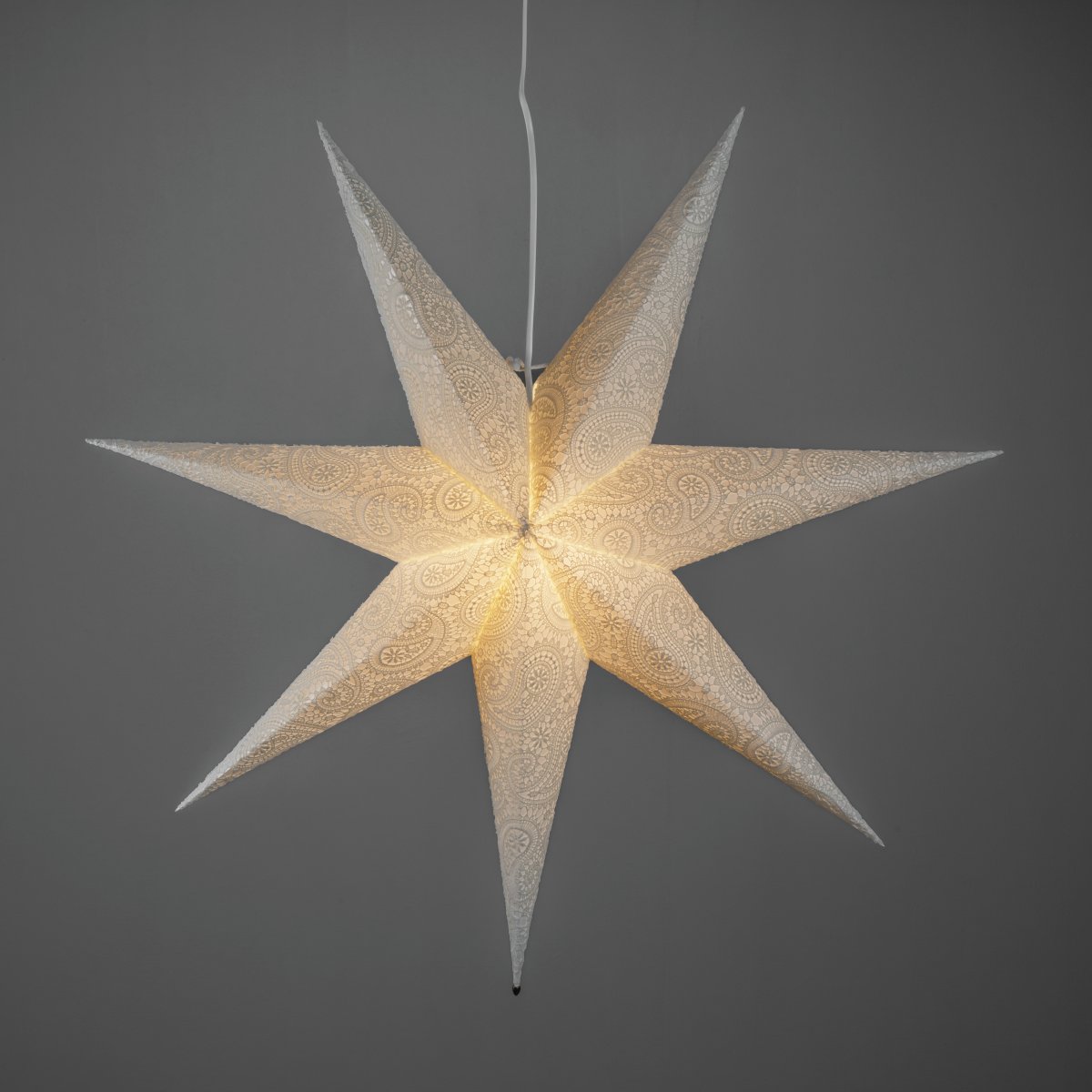 Papirstjerne m. broderi Ø80 Hvit Fra Konstsmide - Med sin diameter p&aring; 80 cm er den perfekt for &aring; henge i et vindu, hvor den vil v&aelig;re et vakkert blikkfang i advent og jul.