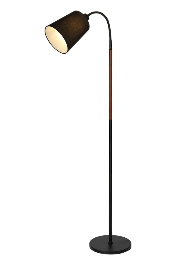 Ljusdal 1 Svart gulvlampe Fra Aneta Lighting - Den svarte metallbasen er kombinert med en elegant detalj i valnøttfinish og en svart tekstilskjerm som gir et mykt og behagelig lys.