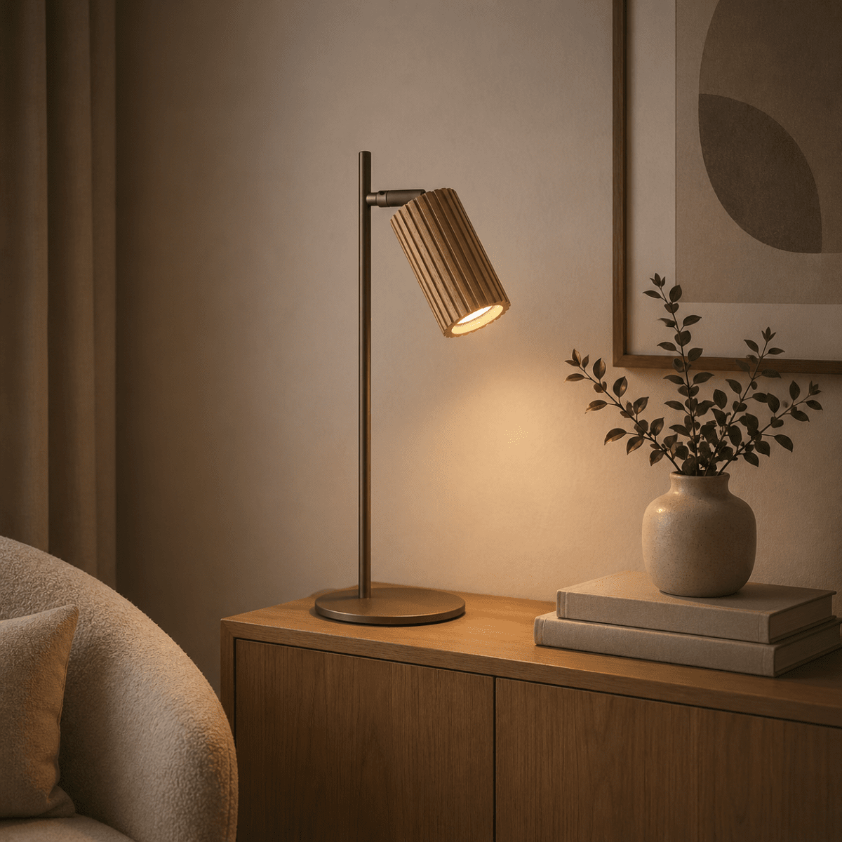 Lakewood 46cm Brun skrivebordslampe Fra Brilliant - Lakewood bordlampe kombinerer brunt metall med lyst, riflet treverk og skaper et varmt og naturlig uttrykk.