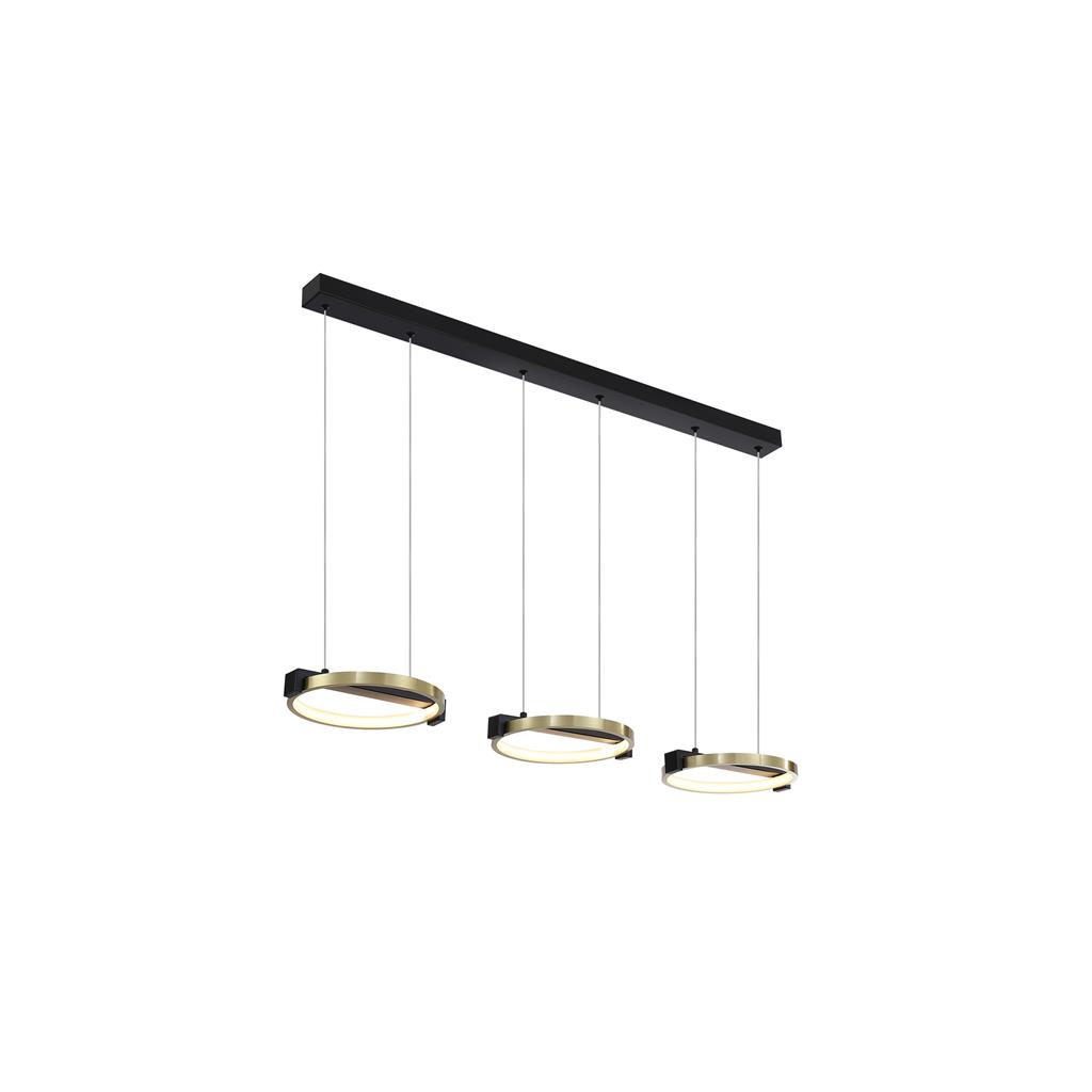 Aerial 106cm Messing/svart Taklampe Fra Searchlight - Aerial er en stilig pendellampe med tre ringer i sateng messingfinish og svarte detaljer som skaper et moderne og industriell preg.