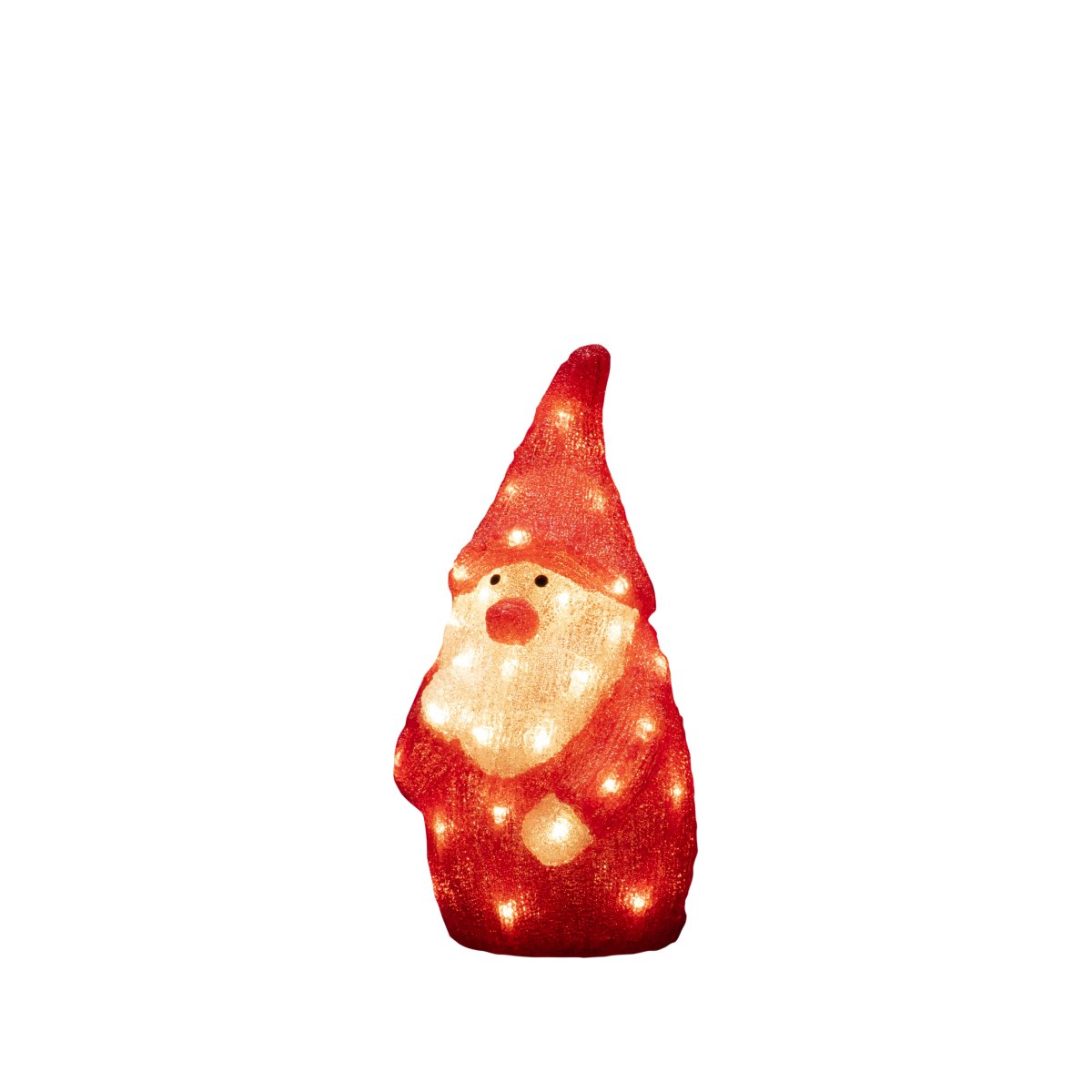 Julenisse akryl RØD Fra Konstsmide - Den er utstyrt med 40 LED-dioder som sprer en vakker varm hvit gl&oslash;d og gir en herlig glitrende effekt i m&oslash;rket.