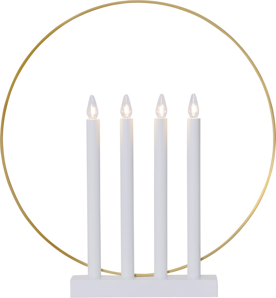 Glory Hvit Fra Star Trading - Hvit trelysestake, 4 metalllysestaker og dekorert med en metallring i messingfarge.
