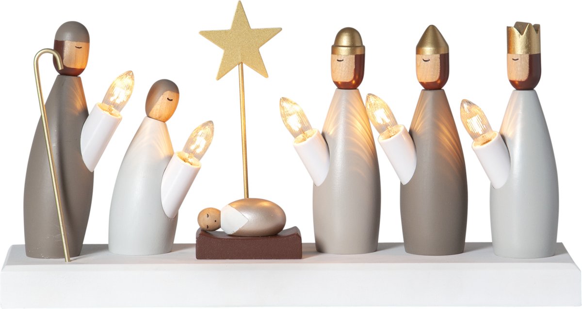 Nativity Candelabra Flerbruk Fra Star Trading - Adventslysestake laget av tre&auml; med de tre vise menn, Maria og Josef.