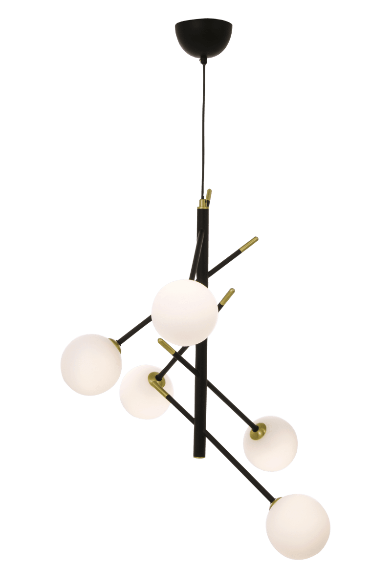 Akrobat 58cm Svart Taklampe Fra Aneta Lighting - Acrobat taklampe i sortlakkert metall med detaljer i matt messing og 5 opalhvite glasskupler.