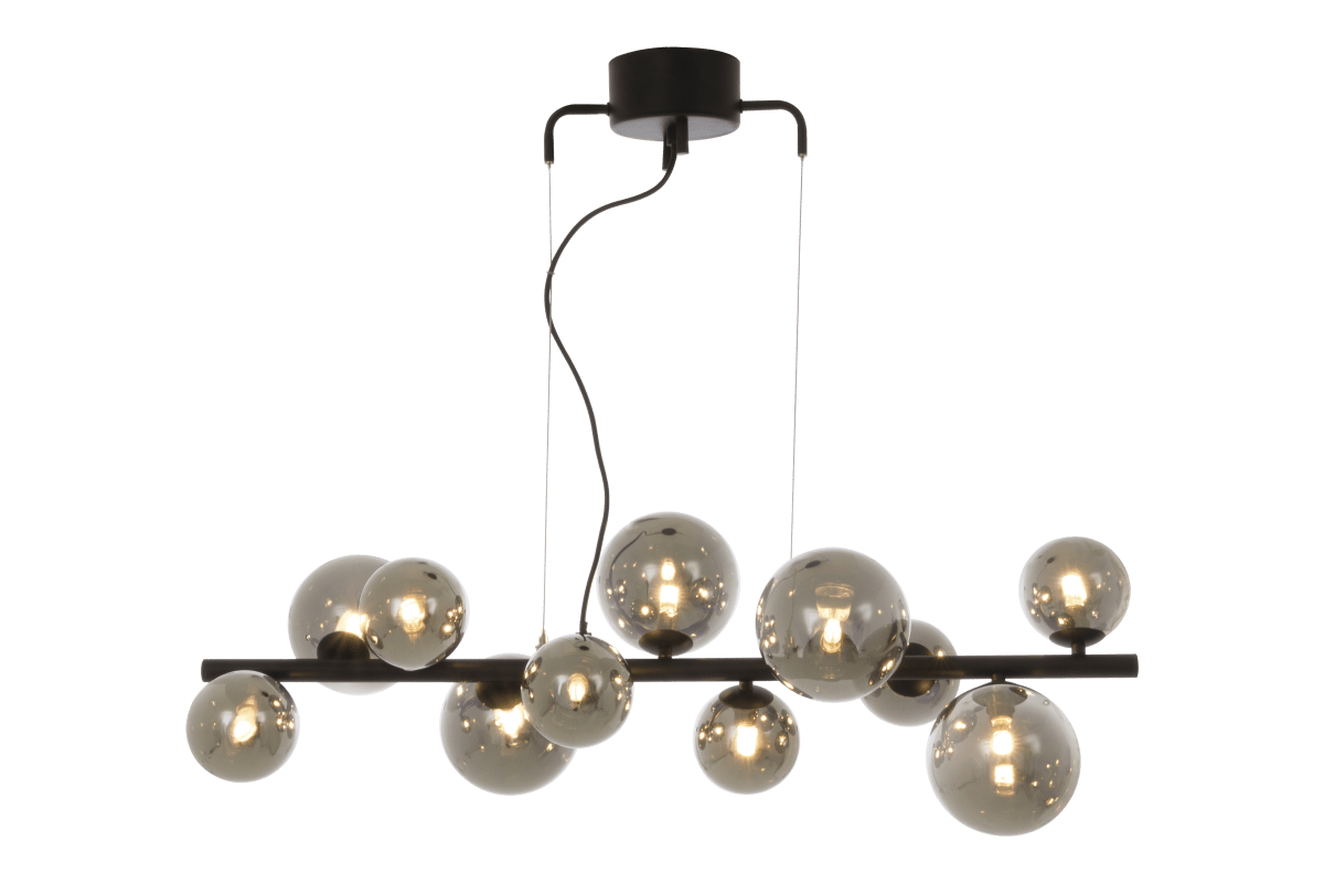 Molekyl 85cm Røykgrå Taklampe Fra Aneta Lighting - Molekyl trendy taklampe i sort metall med 11 røkt glasskopper i forskjellige størrelser plassert på&aring; en 85 cm lang stang.
