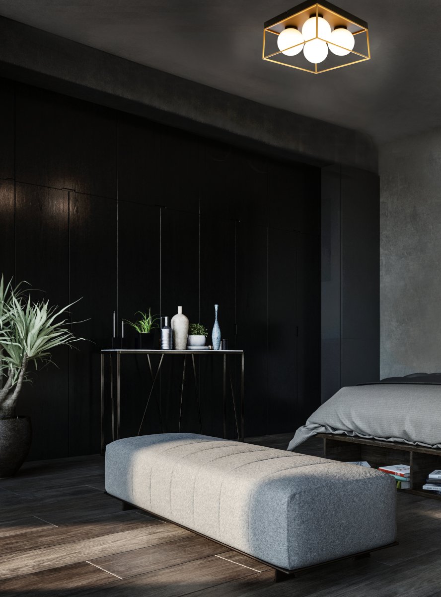 Astro 28cm Svart plafond Fra Aneta Lighting - Astro taklampe i sortlakkert metall med 4 opalhvite glasskupler innrammet i gulldetaljer på&aring; en svart takstein.