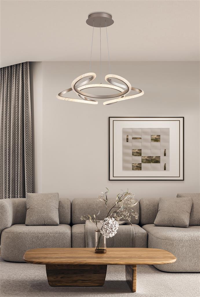 Doodle Ø60 Champagne Taklampe Fra Searchlight - Den elegant formede metallrammen har en elegant champagnefinish og omslutter en integrert LED-stripe med en klar akryldiffusor som etterligner prismer.