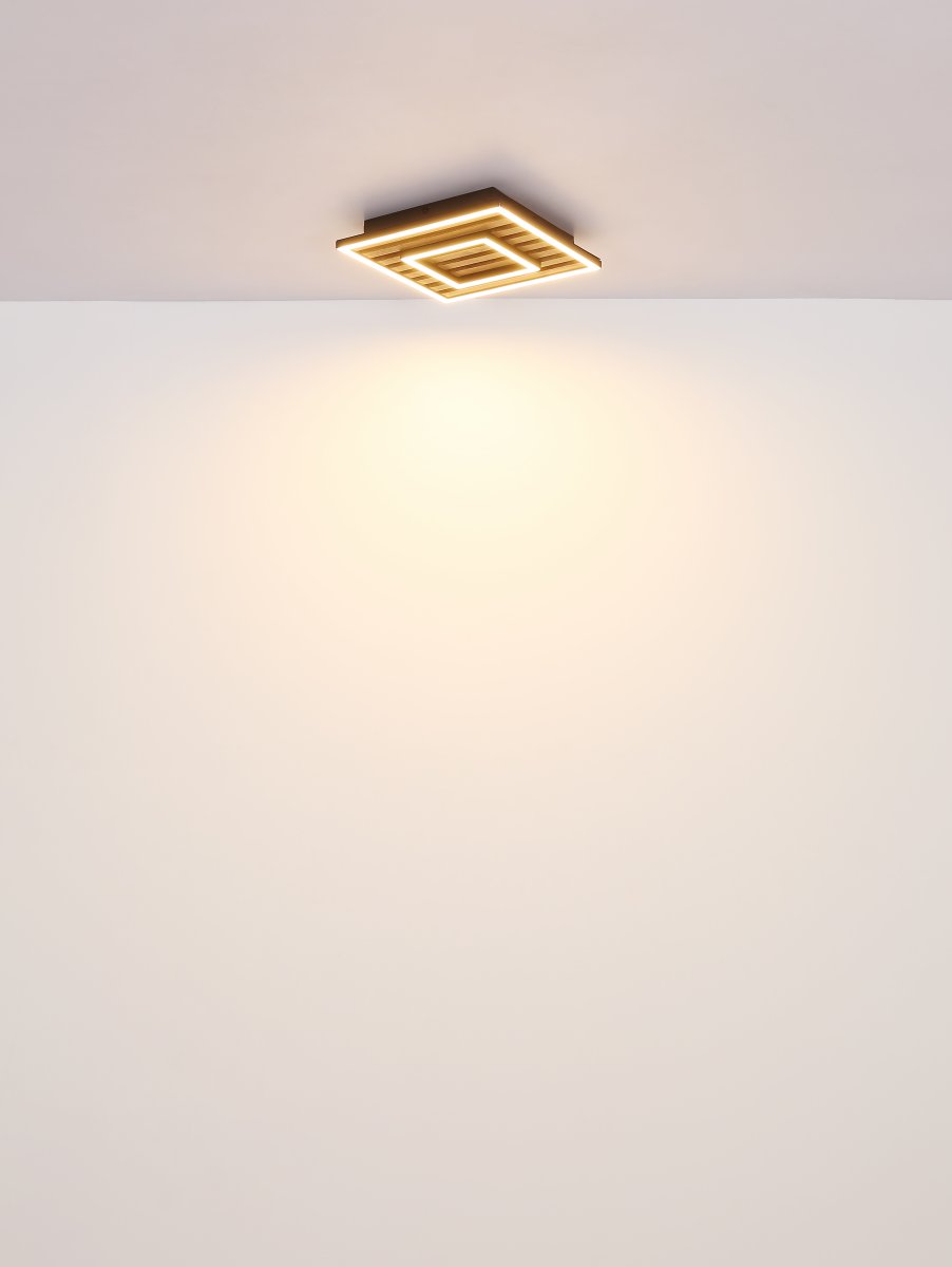 Woody 30cm Tre plafond Fra Globo Lighting - Takf&auml;stet som efterliknar akustikpanel i kombination med de mattsvarta detaljerna i metall bidrar med industriell k&auml;nsla till rummet.
