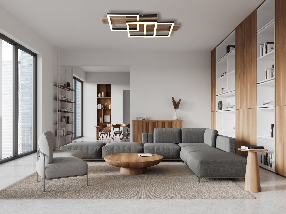 Jeffry 58cm Tre plafond Fra Globo Lighting - Takf&auml;stet som efterliknar tr&auml; i kombination med de mattsvarta detaljerna i metall bidrar med industriell k&auml;nsla till rummet.