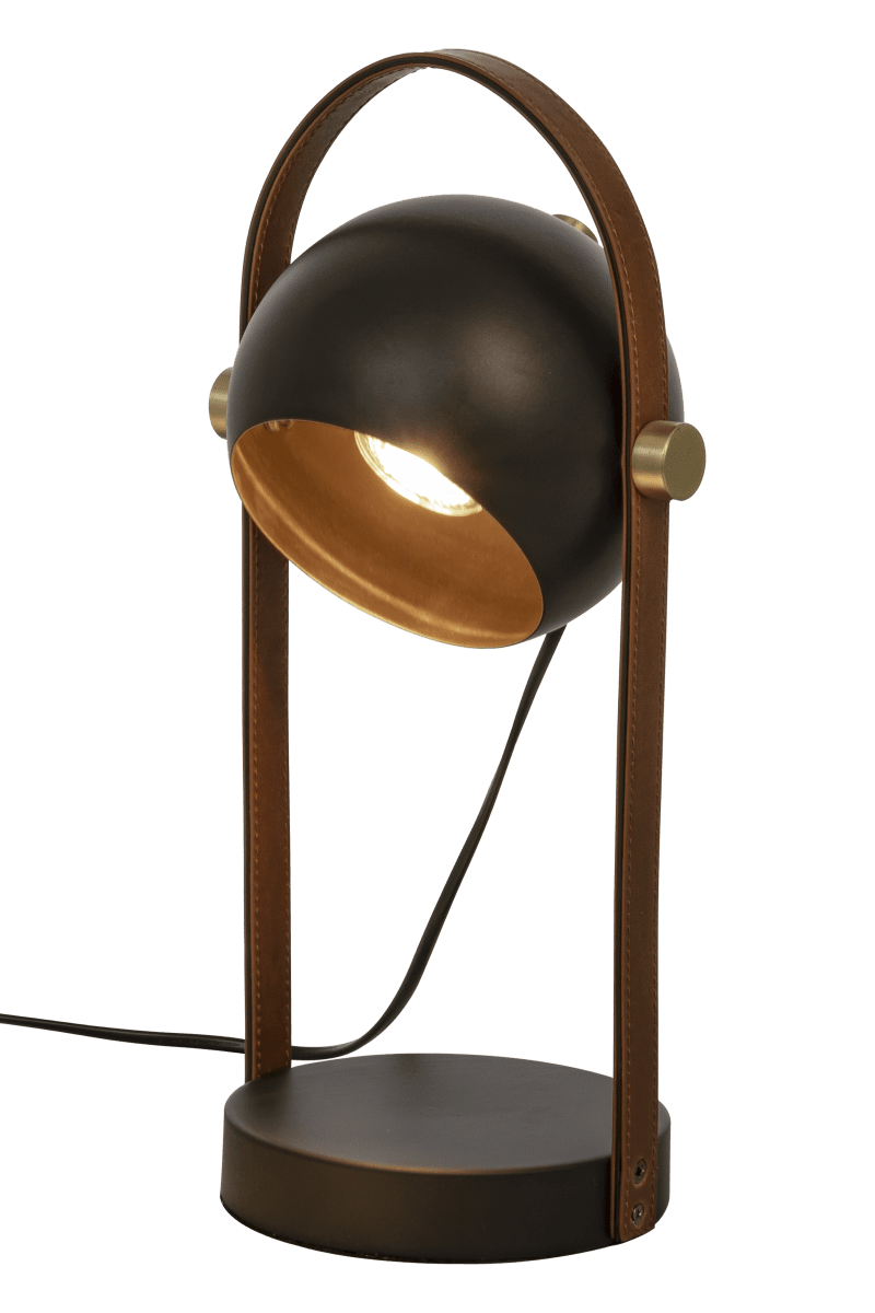 Bow 38cm Svart bordlampe Fra Aneta Lighting - Bow bordlampe i sortlakkert metall med detaljer i matt messing og brunt skinn.