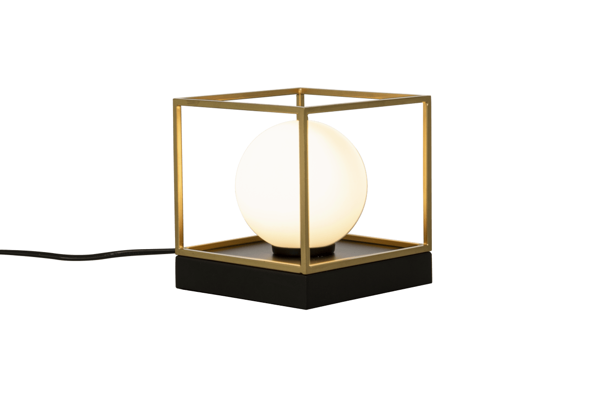 Astro 15cm Svart bordlampe Fra Aneta Lighting - Astro bordlampe i sortlakkert metall med opalhvit glasskuppel innrammet i gulldetaljer p&aring; en svart base.