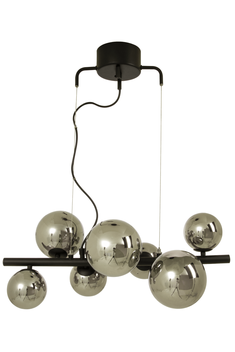 Molekyl 58cm Røykgrå Taklampe Fra Aneta Lighting - MOLEKYL moderne stilig taklampe i sortlakkert metall med 7 røykfargede glasskupler i to forskjellige størrelser.