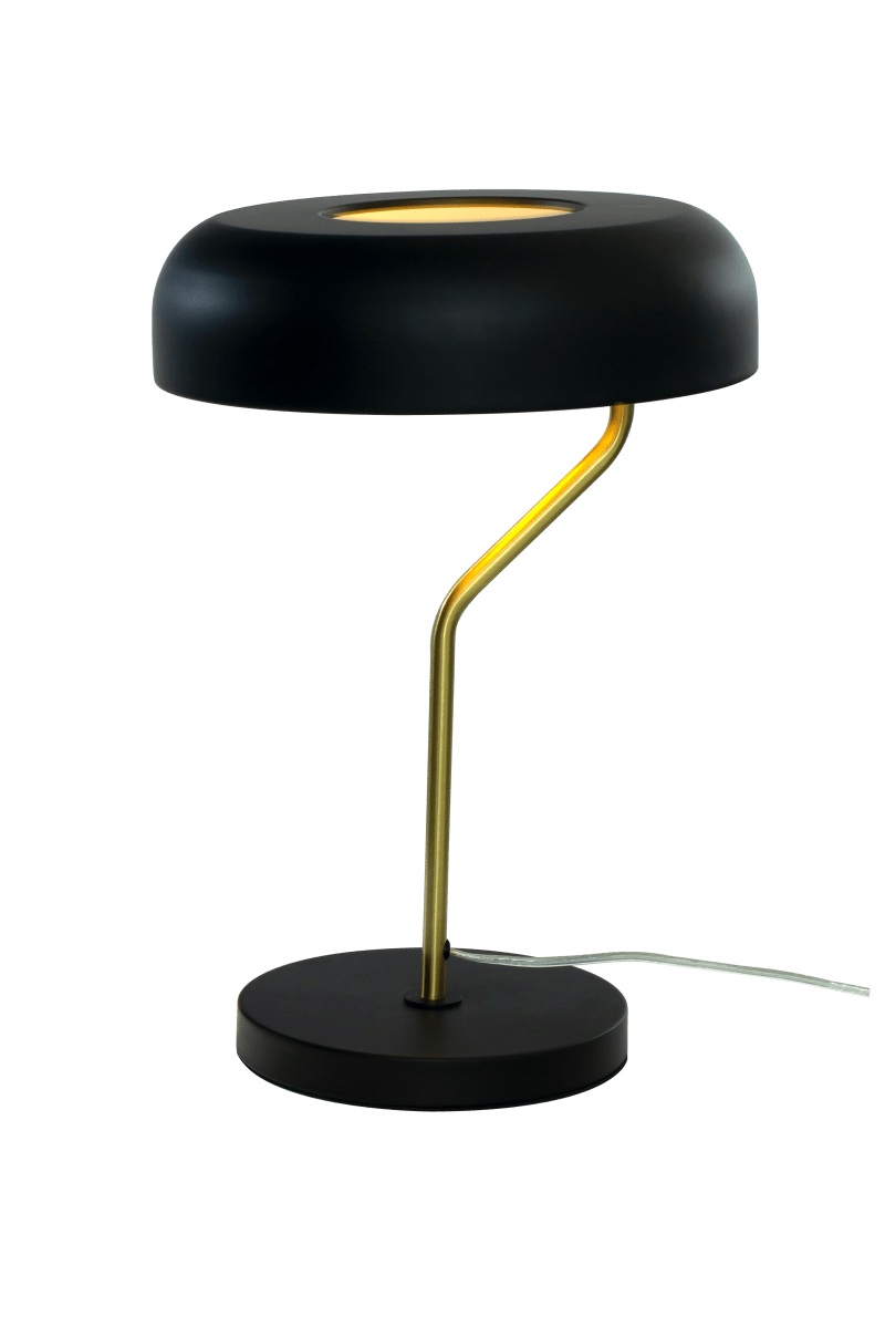 Bremen 44cm Svart/messing bordlampe Fra Aneta Lighting - Den moderne Bremen-bordlampen, laget av svart metall og detaljer i matt messing, har et originalt og innovativt uttrykk.