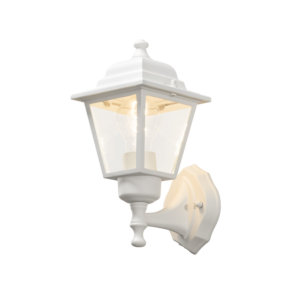 Vägglykta Hvit utendørslampe Fra Konstsmide - Med sitt lanterneformede design og klare glassfelt sprer lampen et varmt og innbydende lys som er perfekt for innganger, uteplasser og gangveier.