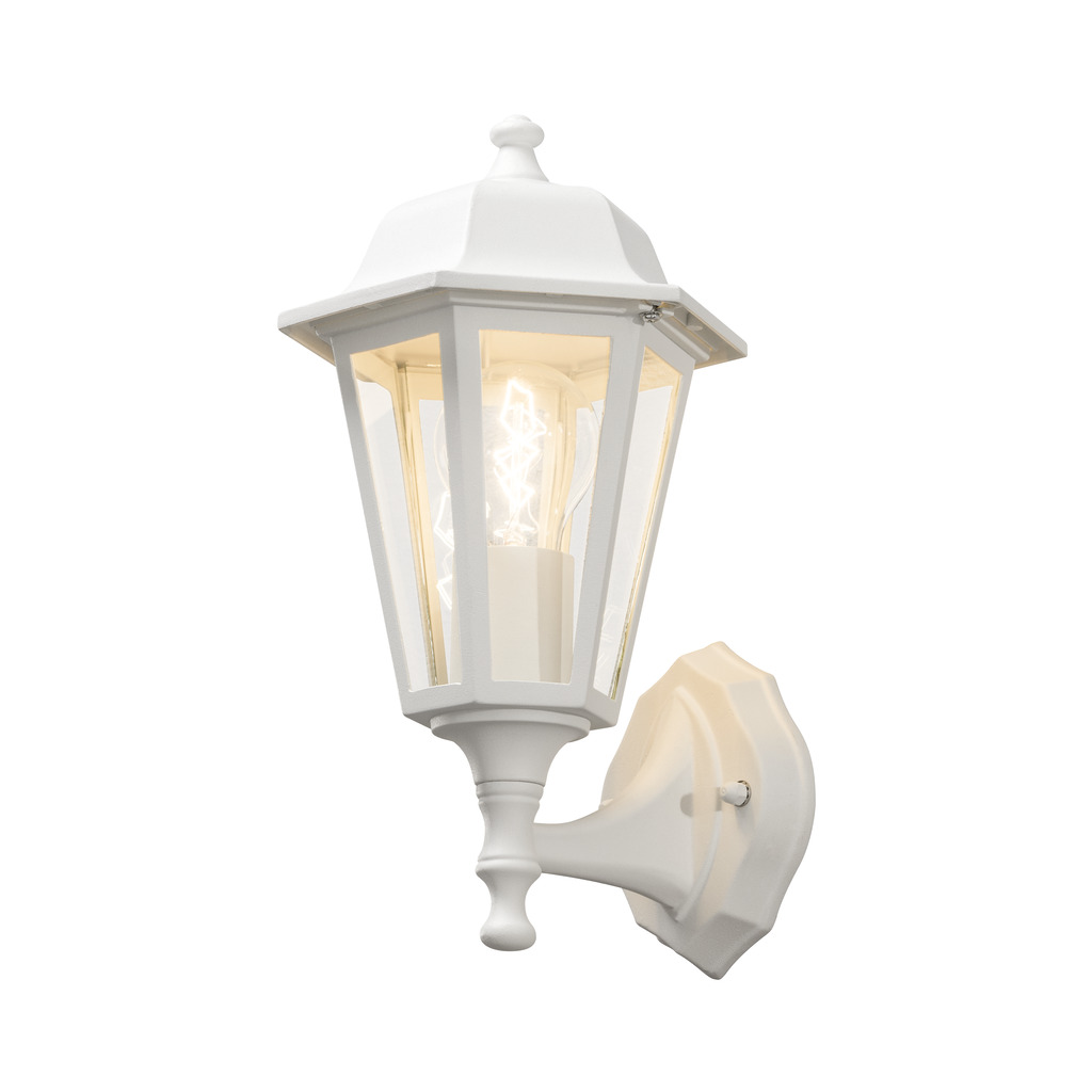 Vägglykta Hvit utendørslampe Fra Konstsmide - Med sitt lanterneformede design og klare glassfelt sprer lampen et varmt og innbydende lys som er perfekt for innganger, uteplasser og gangveier.